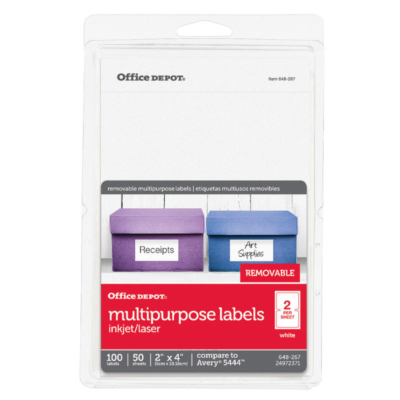 Office Depot Brand Removable Inkjet/Laser Labels, OD98813, Rectangle, 4in x 2in, White, Pack Of 100 (Min Order Qty 16) MPN:OD98813