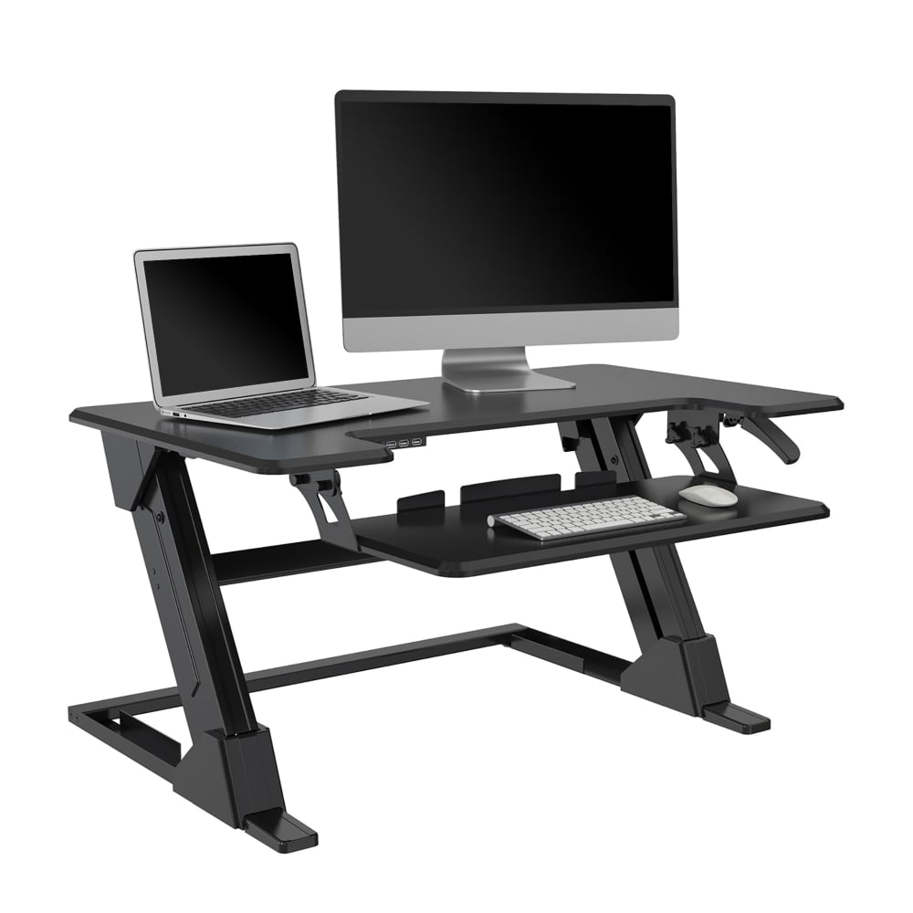 Realspace P20 Standing Desk Converter With USB And Keyboard Tray, 19-3/10inH x 35-2/5inW x 23-1/5inD, Black MPN:SD06_2