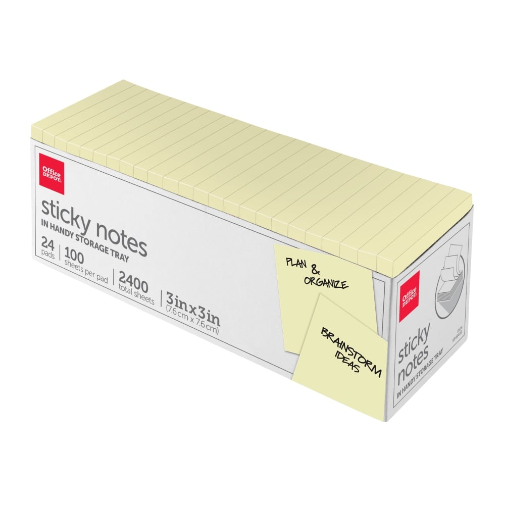 Office Depot Brand Sticky Notes, With Storage Tray, 3in x 3in, Yellow, 100 Sheets Per Pad, Pack Of 24 Pads (Min Order Qty 11) MPN:21007-24PK