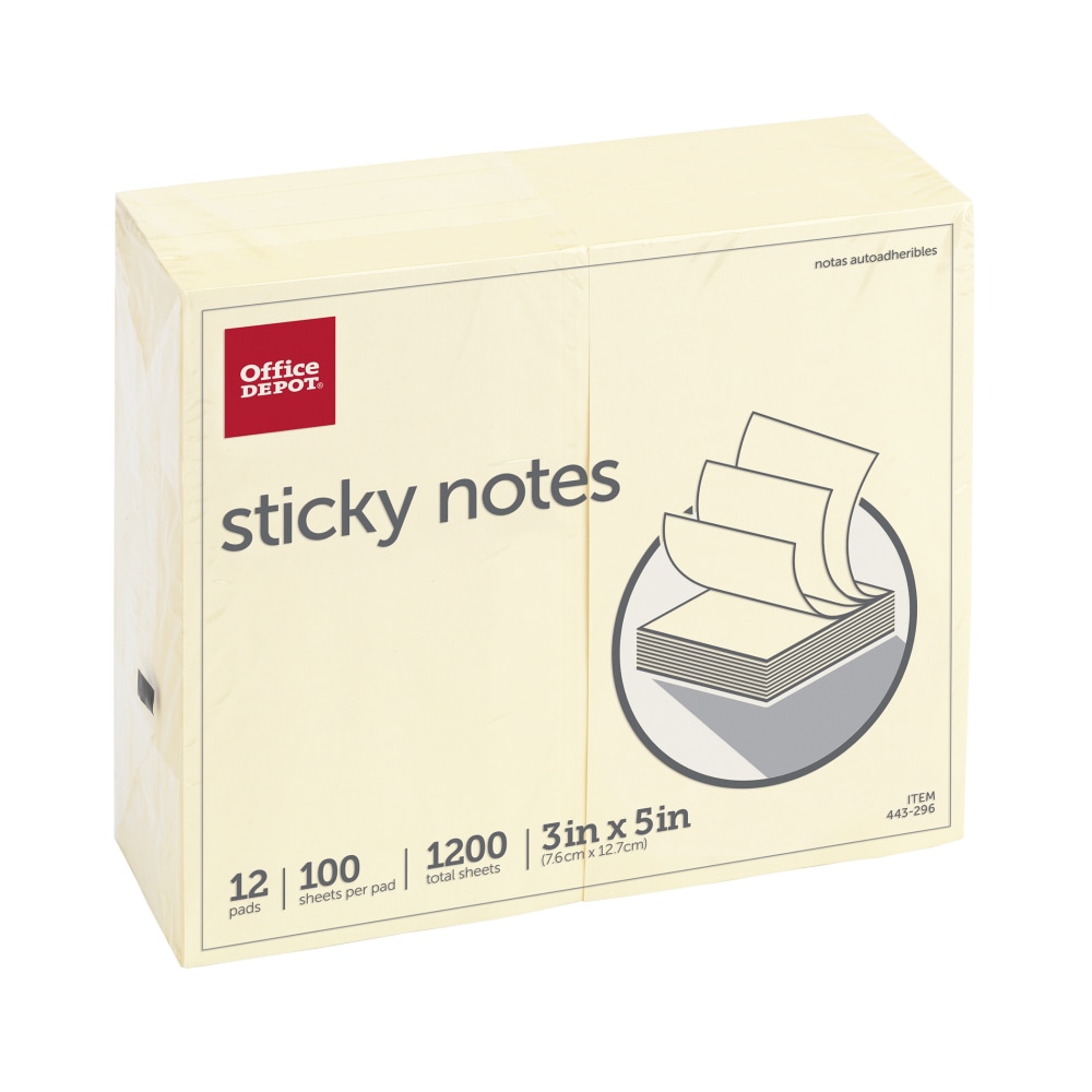 Office Depot Brand Sticky Notes, 3in x 5in, Yellow, 100 Sheets Per Pad, Pack Of 12 Pads (Min Order Qty 14) MPN:21009