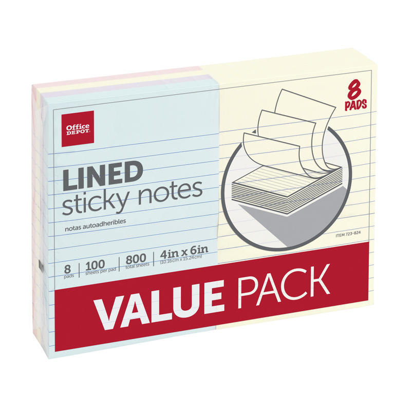 Office Depot Brand Lined Sticky Notes, 4 in x 6 in, Assorted Pastel Colors, 100 Sheets Per Pad, Pack Of 8 (Min Order Qty 12) MPN:21056