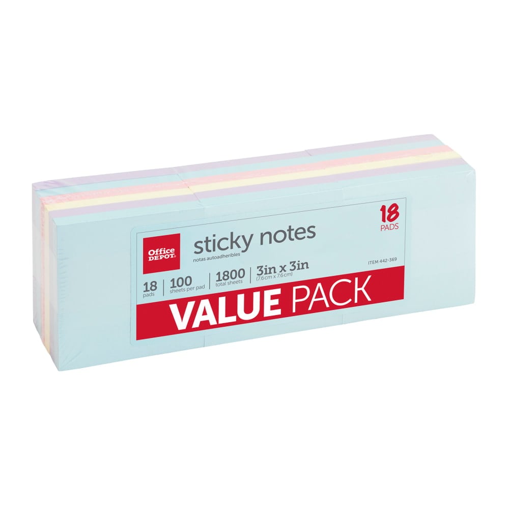 Office Depot Brand Sticky Notes Value Pack, 3in x 3in, Assorted Pastel Colors, 100 Sheets Per Pad, Pack Of 18 Pads (Min Order Qty 14) MPN:21328-18PK