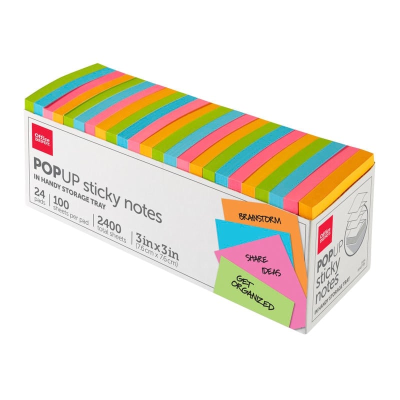 Office Depot Brand Pop Up Sticky Notes, With Storage Tray, 3in x 3in, Assorted Vivid Colors, 100 Sheets Per Pad, Pack Of 24 Pads (Min Order Qty 7) MPN:21332-24POP-DEEP