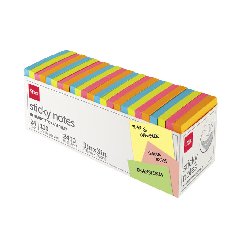 Office Depot Brand Sticky Notes, With Storage Tray, 3in x 3in, Assorted Neon Colors, 100 Sheets Per Pad, Pack Of 24 Pads (Min Order Qty 7) MPN:21332-BRIGHT-24PK