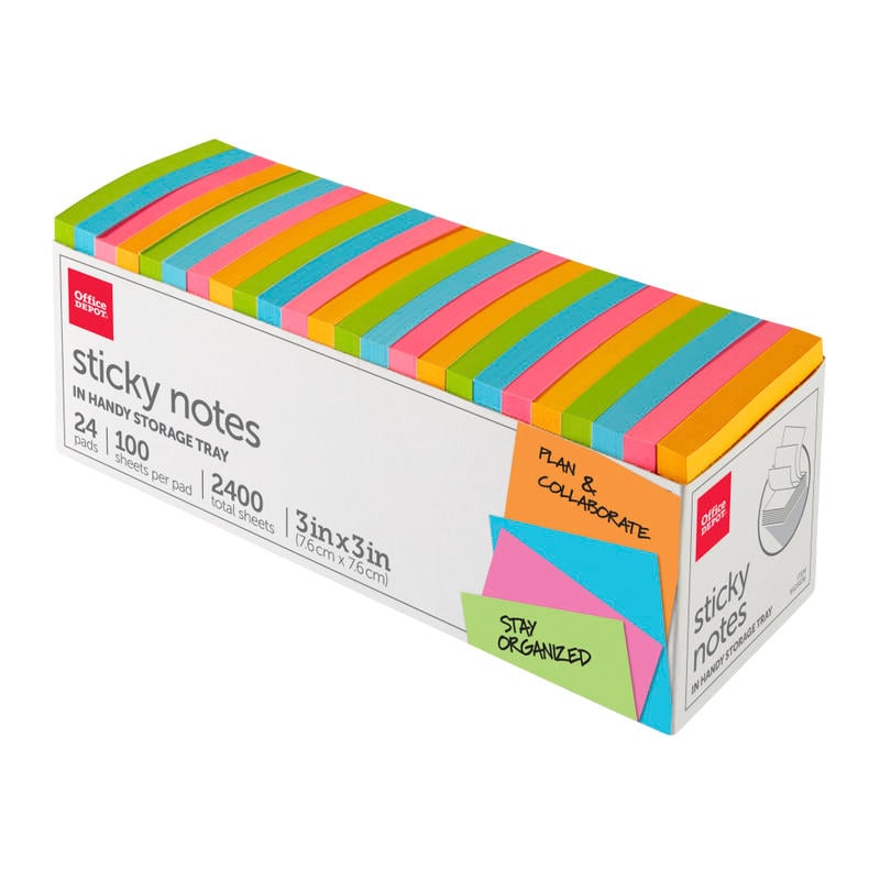 Office Depot Brand Sticky Notes, With Storage Tray, 3in x 3in, Assorted Vivid Colors, 100 Sheets Per Pad, Pack Of 24 Pads (Min Order Qty 7) MPN:21332-DEEP-24PK