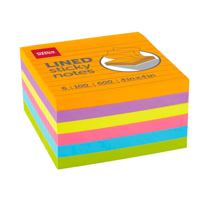 Office Depot Brand Lined Sticky Notes, 4in x 4in, Assorted Vivid Colors, 100 Sheets Per Pad, Pack Of 6 Pads (Min Order Qty 14) MPN:21335-DEEP-6PK