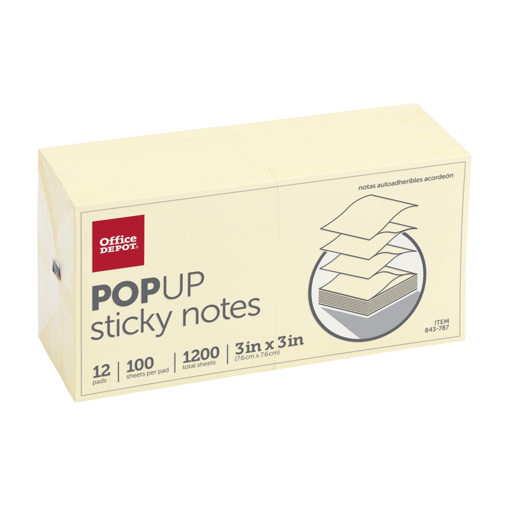 Office Depot Brand Pop Up Sticky Notes, 3in x 3in, Yellow, 100 Sheets Per Pad, Pack Of 12 (Min Order Qty 21) MPN:21395