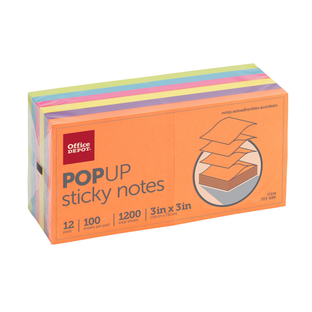 Office Depot Brand Pop Up Sticky Notes, 3in x 3in, Assorted Vivid Colors, 100 Sheets Per Pad, Pack Of 12 Pads (Min Order Qty 14) MPN:21395-DEEP