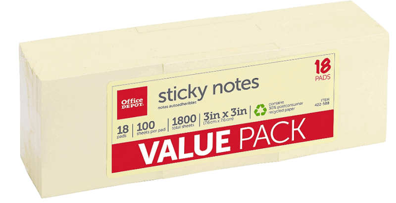 Office Depot Brand Sticky Notes Value Pack, 30% Recycled, 3in x 3in, Yellow, 100 Sheets Per Pad, Pack Of 18 Pads (Min Order Qty 14) MPN:21433