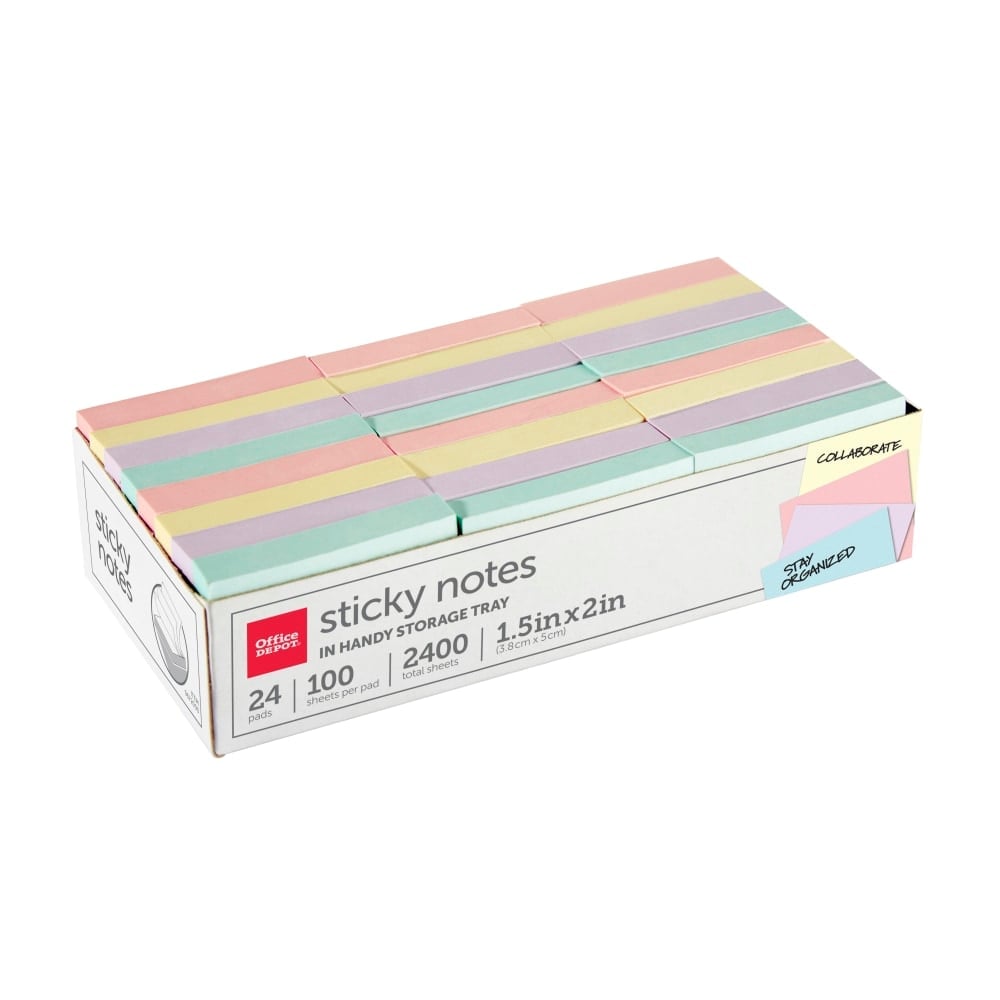 Office Depot Brand Sticky Notes, With Storage Tray, 1-1/2in x 2in, Assorted Pastel Colors, 100 Sheets Per Pad, Pack Of 24 Pads (Min Order Qty 23) MPN:21531-24PK