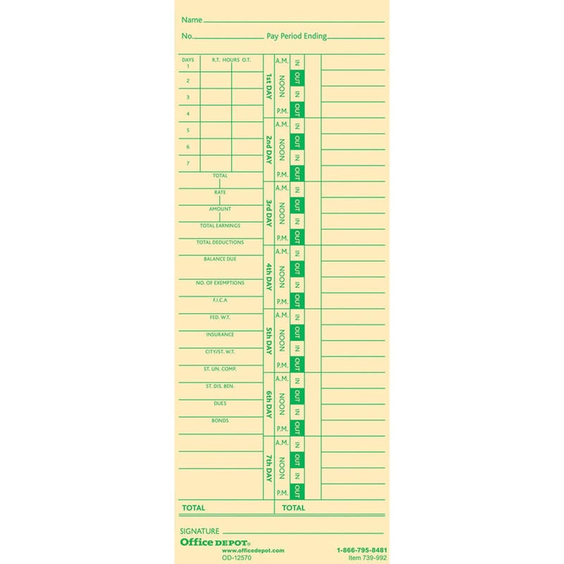 Office Depot Brand Time Cards With Deductions, Weekly, Days 1-7, 2-Sided, 3 3/8in x 8 7/8in, Manila, Pack Of 100 (Min Order Qty 28) MPN:ODV739992