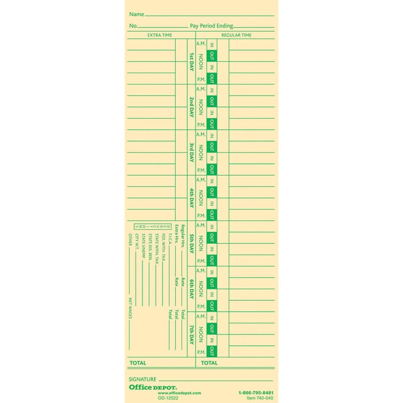 Office Depot Brand Time Cards, Biweekly, Days 1-7, 2-Sided, 3 3/8in x 8 7/8in, Manila, Pack Of 100 (Min Order Qty 28) MPN:ODV740040