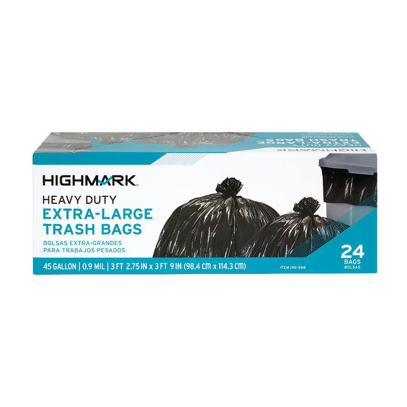 Highmark Heavy Duty 0.9 mil. Extra-Large Trash Bags, 45 Gallon, 45in x 38.75in, Black, Box Of 24 (Min Order Qty 12) MPN:DP00568