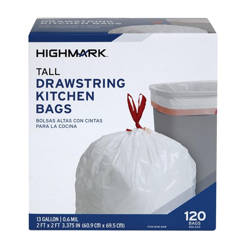 Highmark Tall 0.6 mil Drawstring Kitchen Trash Bags, 13 Gallon, 24in x 28in, White, Box Of 120 (Min Order Qty 8) MPN:DP08488