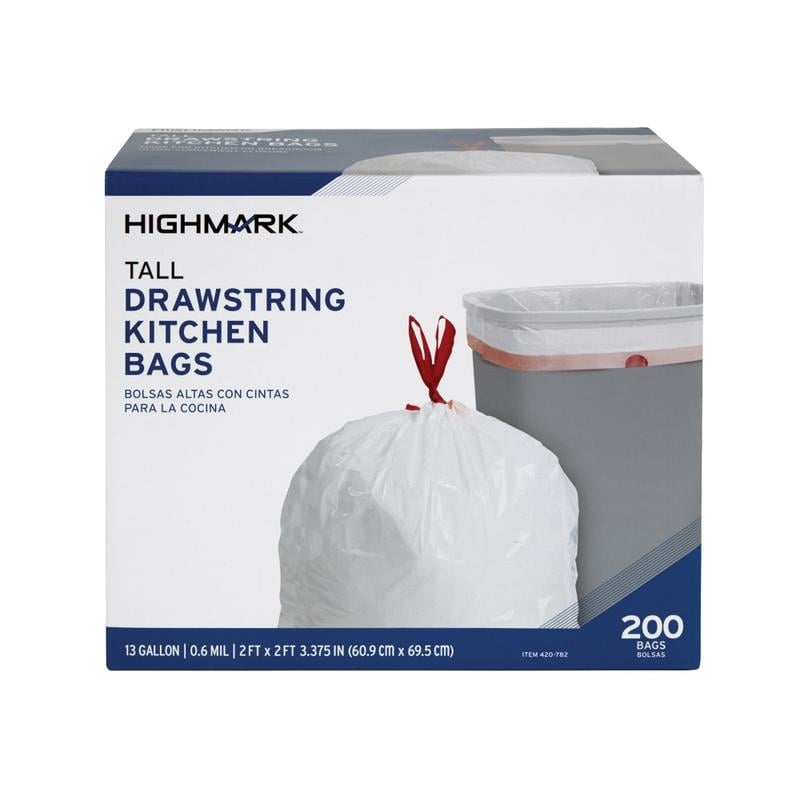 Highmark Tall 0.6 mil Drawstring Kitchen Trash Bags, 13 Gallon, 27.375in x 24in, White, Box Of 200 (Min Order Qty 5) MPN:DP09288