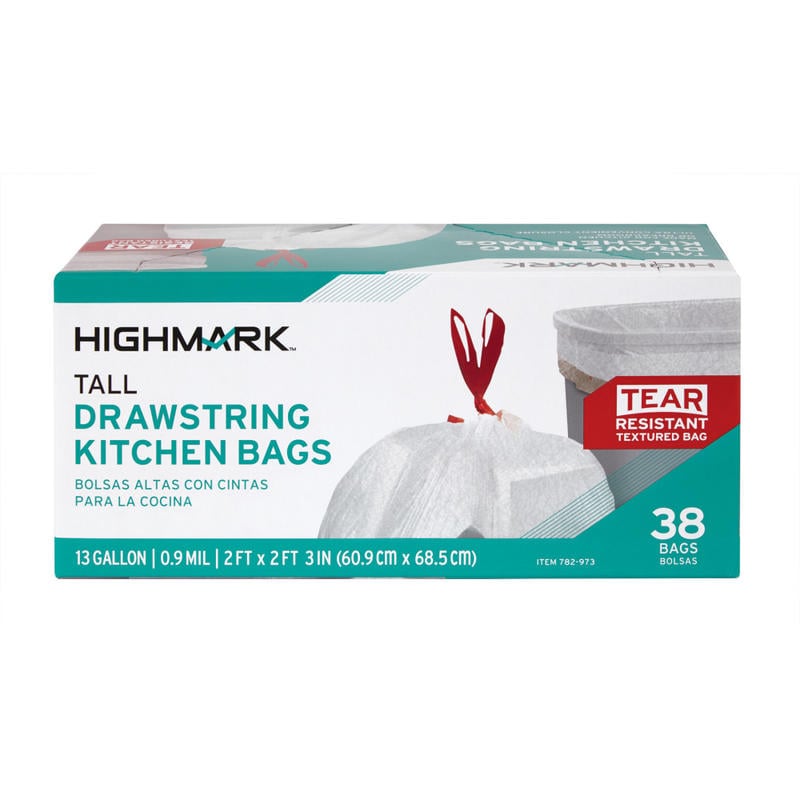 Highmark Tall Drawstring Kitchen Trash Bags, 13 Gallon, 0.9 mil, White, Box Of 38 (Min Order Qty 17) MPN:DP782973