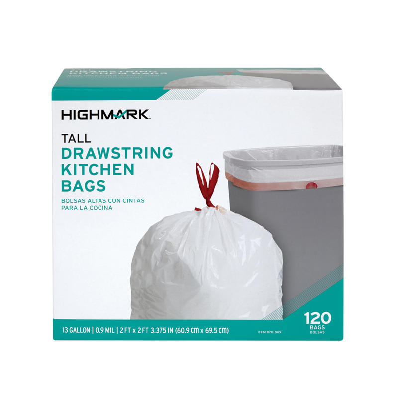 Highmark Tall 0.9 mil Drawstring Kitchen Trash Bags, 13 Gallon, 27.375in x 24in, White, Box Of 120 (Min Order Qty 6) MPN:DP848808