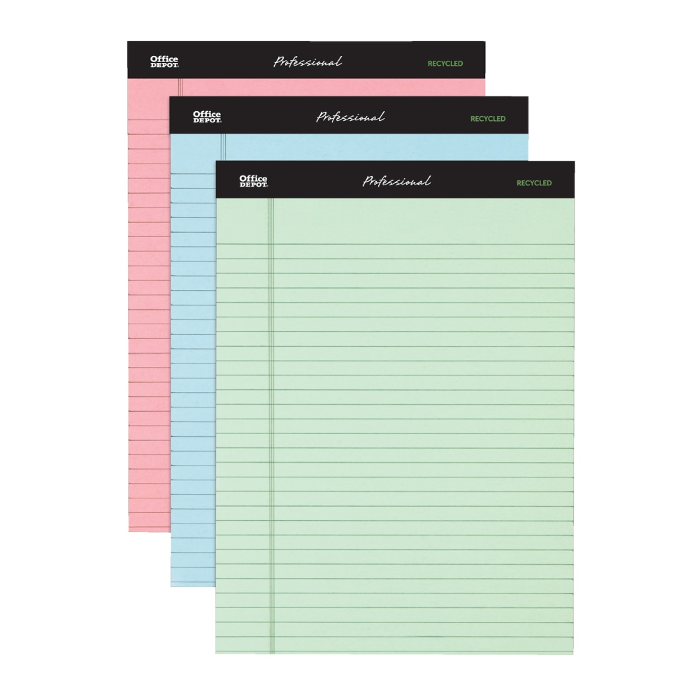 Office Depot Brand Professional Writing Pads, 8 1/2in x 11 3/4in, Legal/Wide Ruled, 50 Sheets, Assorted Colors, Pack Of 3 (Min Order Qty 18) MPN:99494