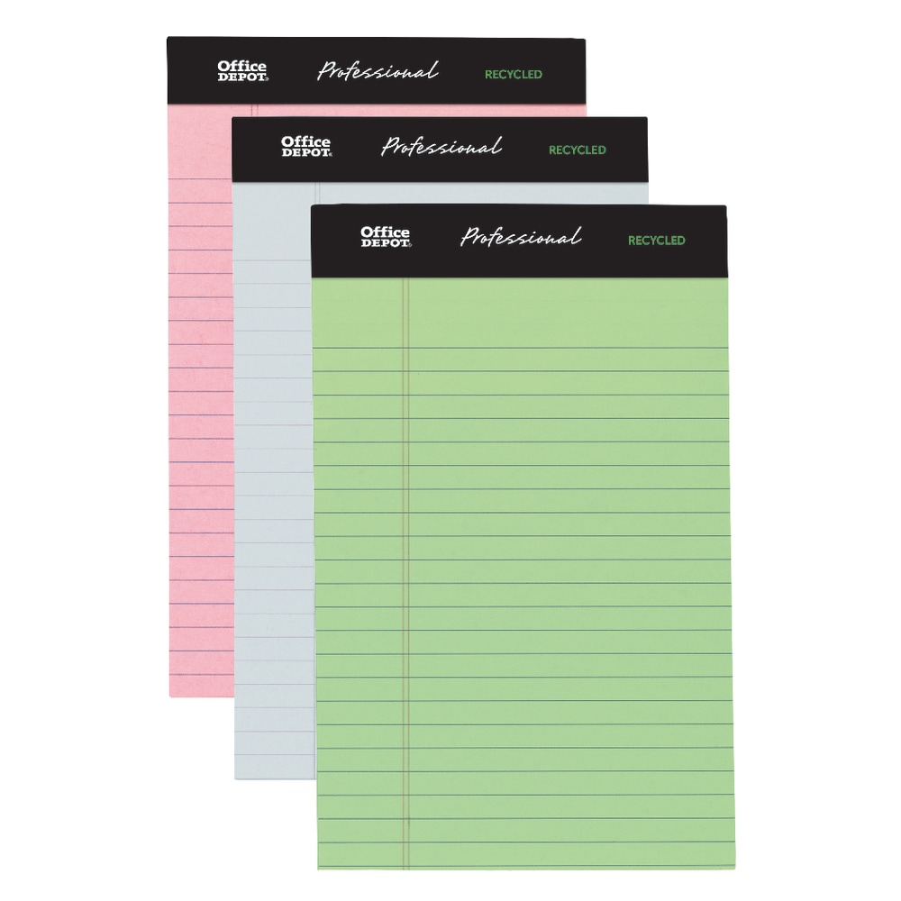 Office Depot Brand Professional Writing Pads, 5in x 8in, Narrow Ruled, Assorted Colors, 50 Sheets, 100% Recycled, Pack Of 6 (Min Order Qty 20) MPN:99510