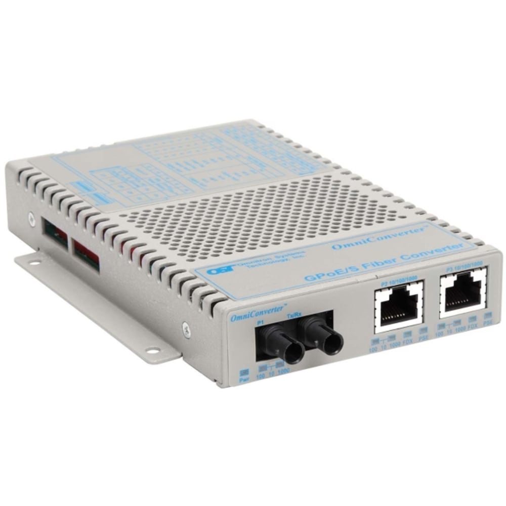 Omnitron OmniConverter 10/100/1000 PoE Gigabit Ethernet Fiber Media Converter Switch RJ45 ST Single-Mode 12km - 2 x 10/100/1000BASE-T; 1 x 1000BASE-LX; US AC Powered; Lifetime Warranty MPN:9401-1-21