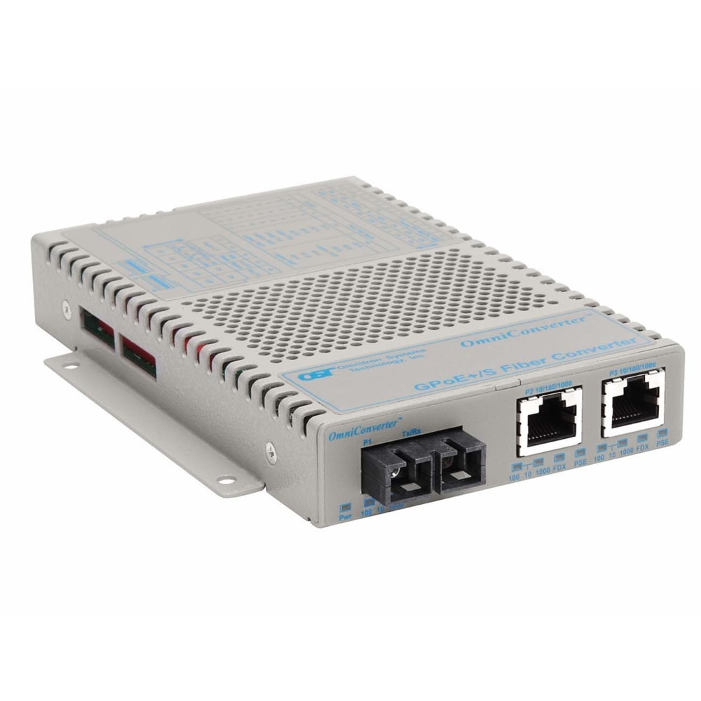 Omnitron OmniConverter 10/100/1000 PoE+ Gigabit Ethernet Fiber Media Converter Switch RJ45 SC Single-Mode 12km - 2 x 10/100/1000BASE-T, 1 x 1000BASE-LX, US AC Powered, Lifetime Warranty MPN:9423-1-21