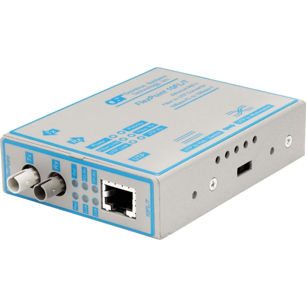 Omnitron FlexPoint 10Mbps Ethernet Fiber Media Converter RJ45 ST Multimode 5km - 1 x 10BASE-T; 1 x 10BASE-FX; No Power Adapter; Lifetime Warranty MPN:4302-0