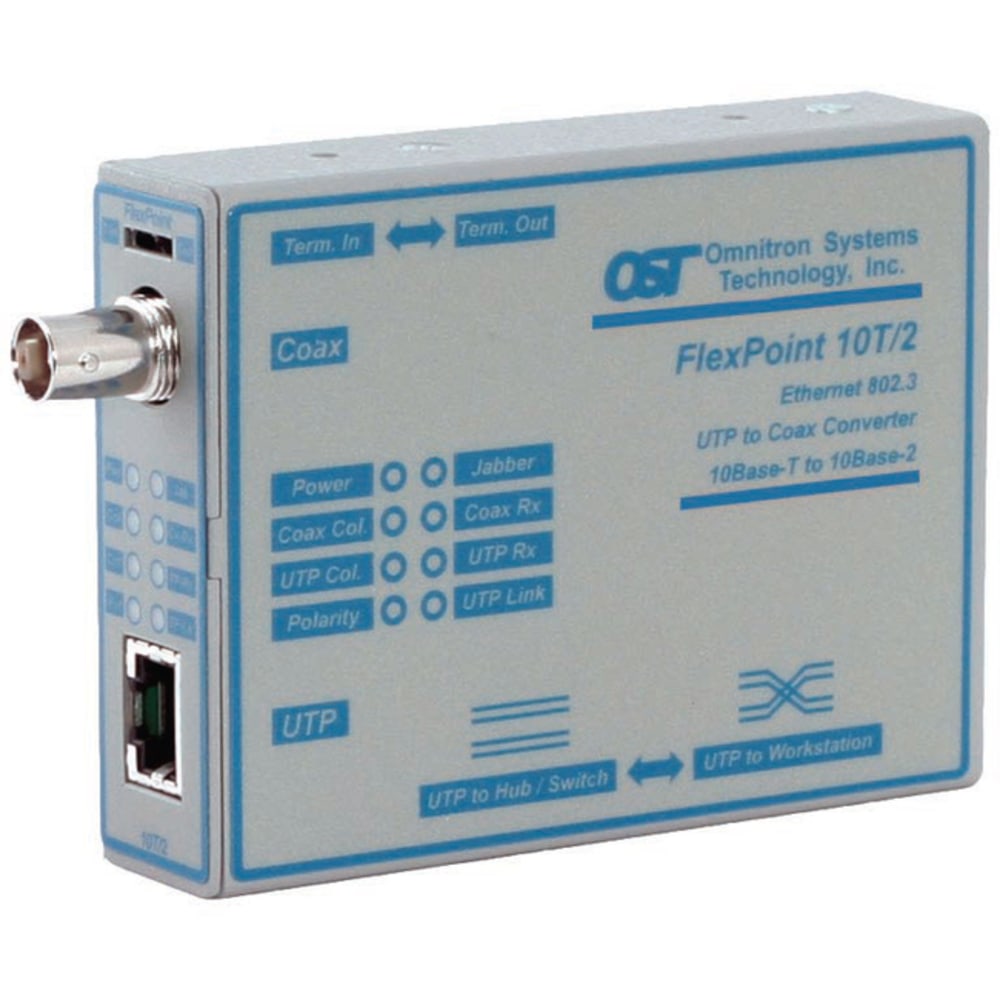 Omnitron Systems FlexPoint 4320-2 Ethernet Transceiver - 1 x Network (RJ-45) - 10Base-T, 10Base-2 - 606.96 ft - Rail-mountable, Wall Mountable, Internal, Rack-mountable MPN:4320-2