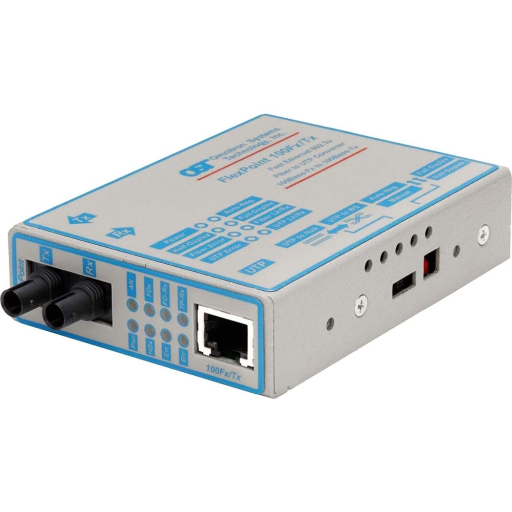 Omnitron FlexPoint 100Mbps Ethernet Fiber Media Converter RJ45 ST Single-Mode 30km - 1 x 100BASE-TX; 1 x 100BASE-LX; US AC Powered; Lifetime Warranty MPN:4333-1