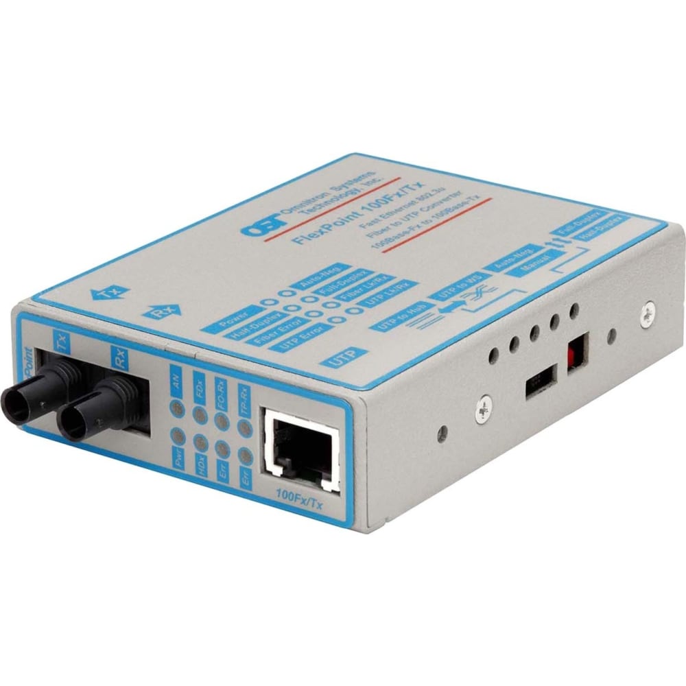 Omnitron FlexPoint 100Mbps Ethernet Fiber Media Converter RJ45 ST Single-Mode 60km - 1 x 100BASE-TX; 1 x 100BASE-LX; US AC Powered; Lifetime Warranty MPN:4335-1