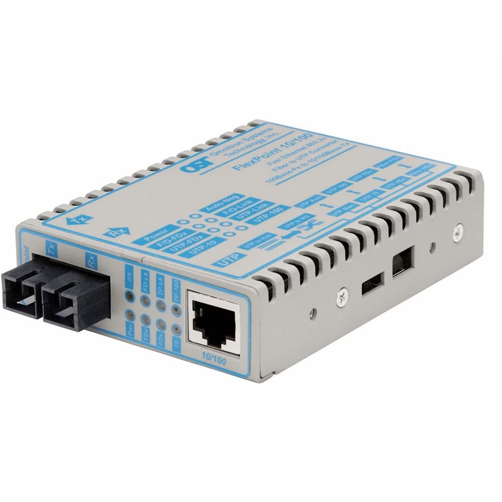 Omnitron FlexPoint 10/100 Ethernet Fiber Media Converter RJ45 SC Multimode 5km - 1 x 10/100BASE-TX; 1 x 100BASE-FX; DC Powered; Lifetime Warranty MPN:4340-9