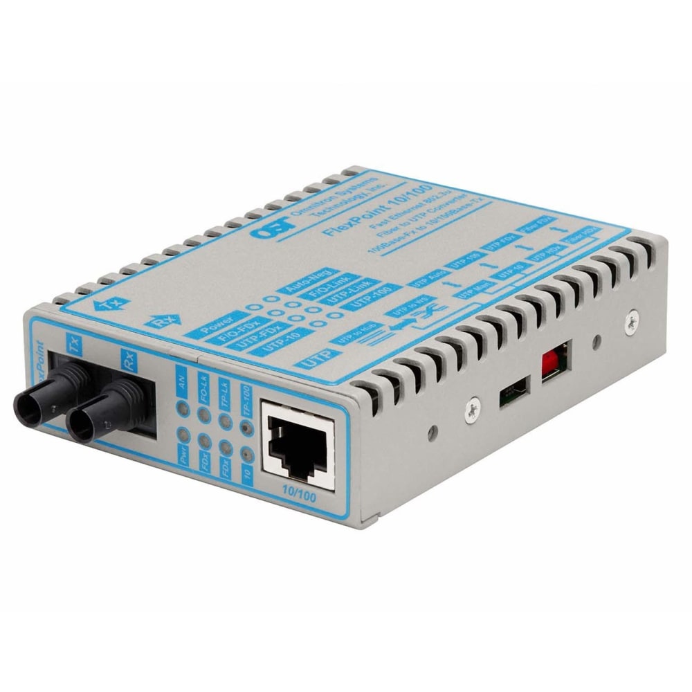 Omnitron FlexPoint 10/100 Ethernet Fiber Media Converter RJ45 ST Multimode 5km Wide Temp - 1 x 10/100BASE-TX; 1 x 100BASE-FX; DC Powered; Lifetime Warranty MPN:4342-9W