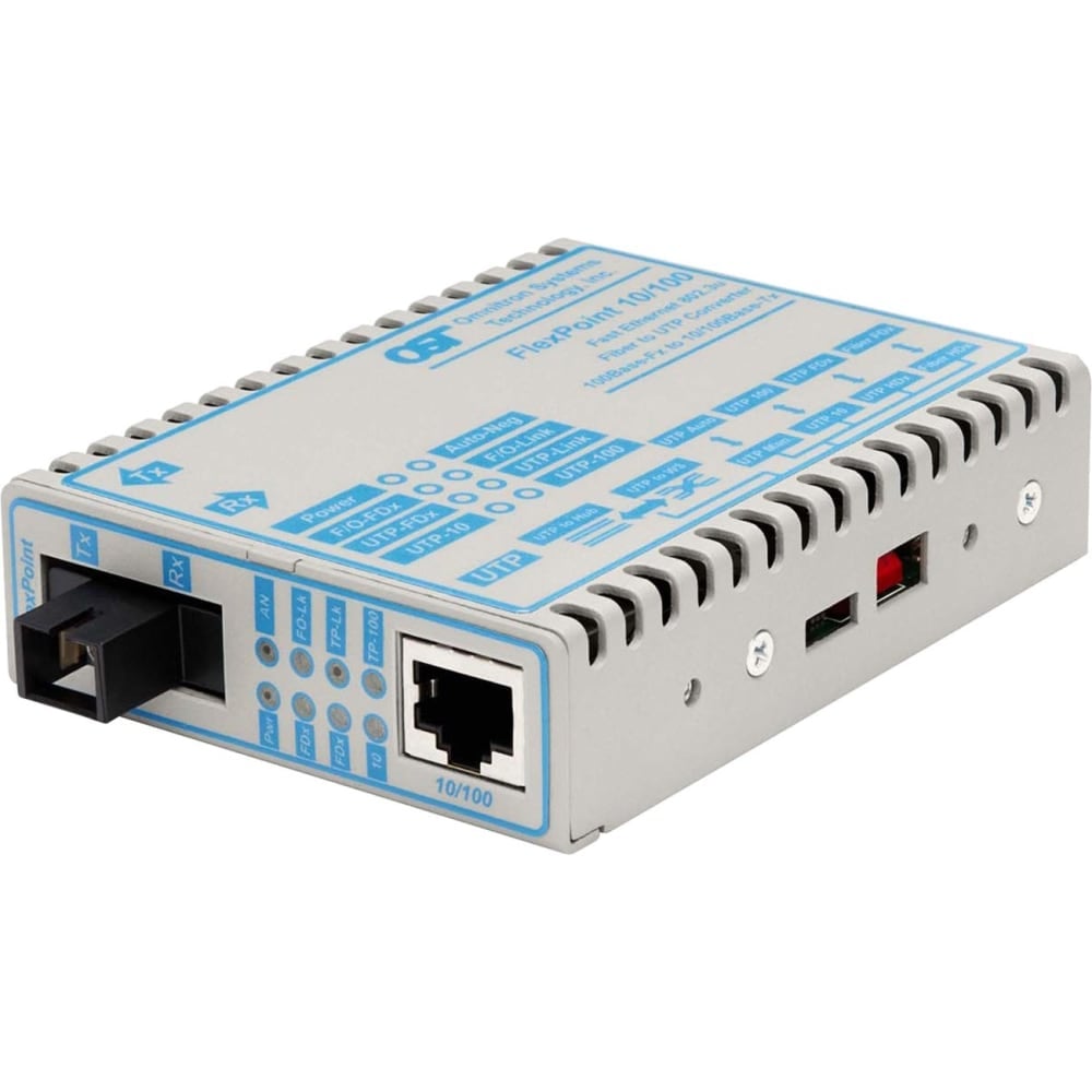 Omnitron FlexPoint 10/100 Ethernet Fiber Single-Fiber Media Converter RJ45 SC Single-Mode BiDi 20km - 1 x 10/100BASE-TX; 1 x 100BASE-BX-U; (1310/1550); US AC Powered; Lifetime Warranty MPN:4357-11