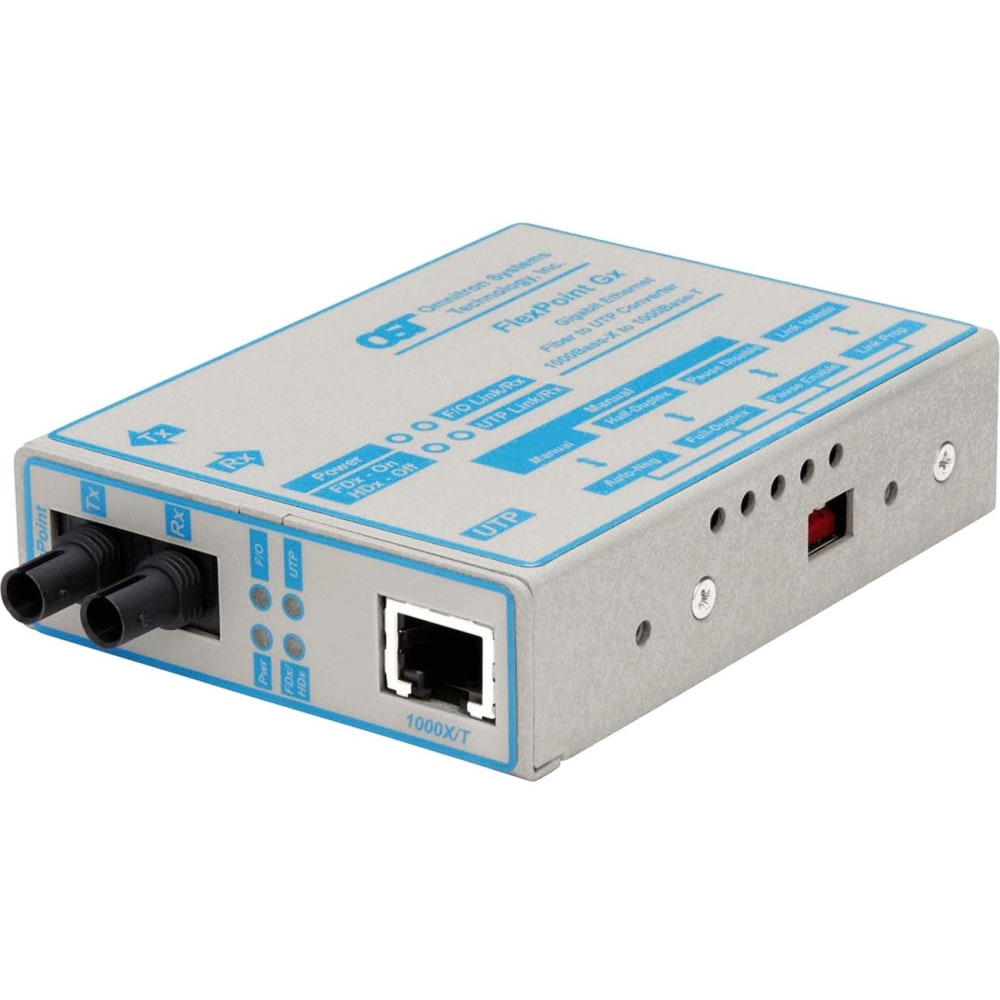 Omnitron FlexPoint 1000Mbps Gigabit Ethernet Fiber Media Converter RJ45 ST Single-Mode 12km - 1 x 1000BASE-T; 1 x 1000BASE-LX; No Power Adapter; Lifetime Warranty MPN:4377-0