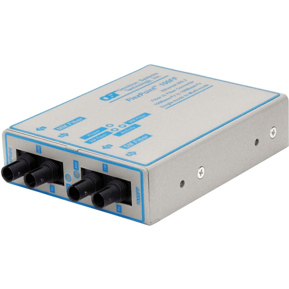 Omnitron FlexPoint 100Mbps Ethernet Fiber to Fiber Media Converter ST Multimode 5km to Single-Mode 30km - 1 x 100BASE-FX; 1 x 100BASE-LX; US AC Powered; Lifetime Warranty MPN:4410-1