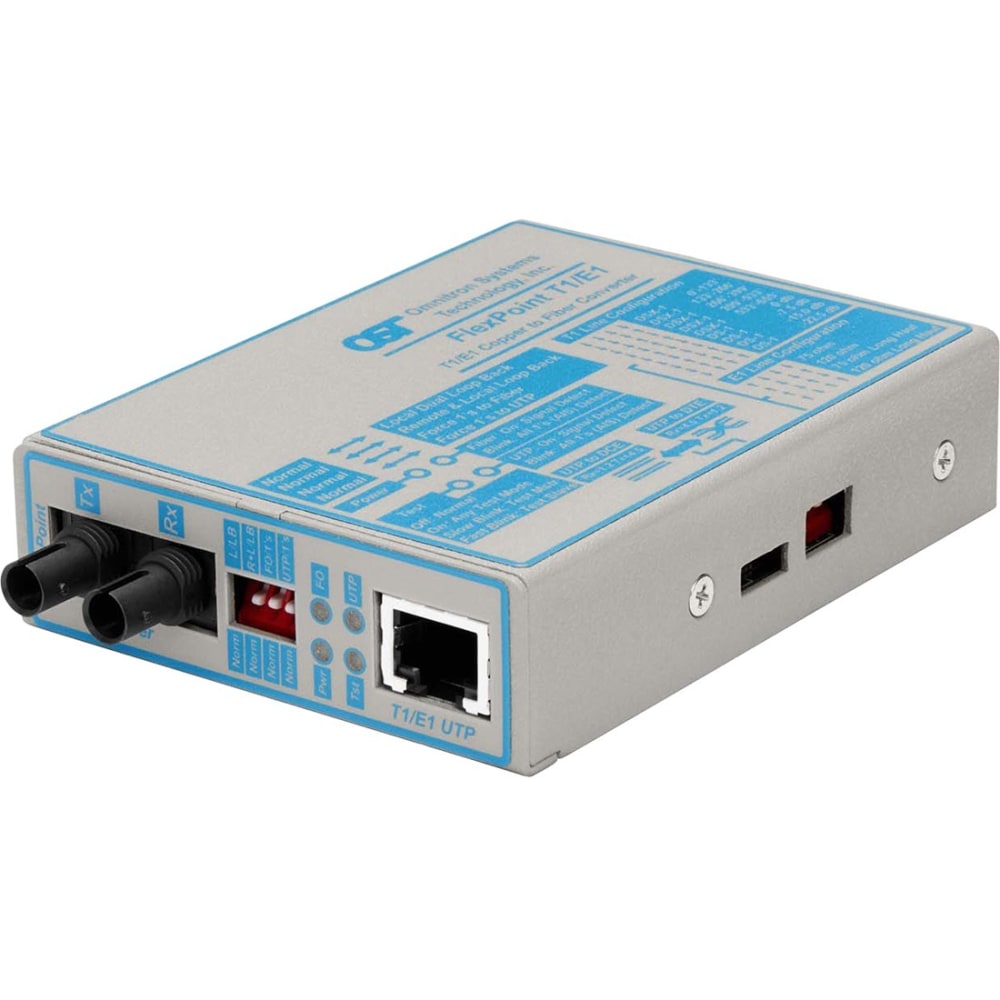 Omnitron FlexPoint T1/E1 Fiber Media Converter RJ48 ST Single-Mode 30km - 1 x T1/E1; 1 x ST Single-Mode; No Power Adapter; Lifetime Warranty MPN:4473-0