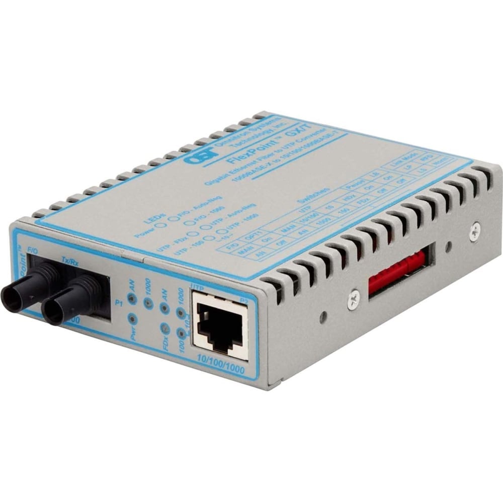 Omnitron FlexPoint GX/T - Fiber media converter - GigE - 10Base-T, 100Base-FX, 100Base-TX, 1000Base-T, 1000Base-X - RJ-45 / ST single-mode - up to 7.5 miles - 1310 nm MPN:4707-1