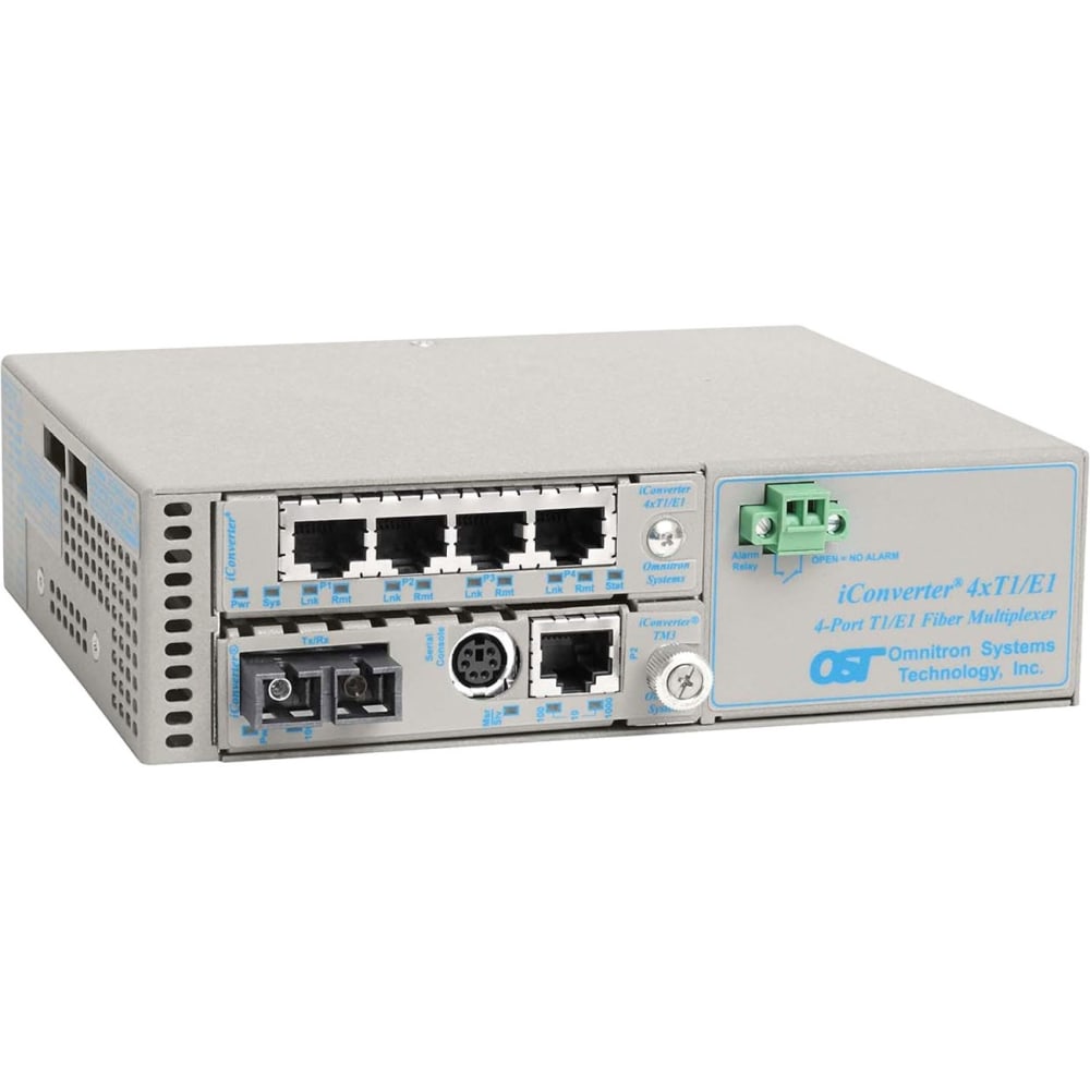 Omnitron iConverter MUX/M Ethernet + 4xT1/E1 Fiber Multiplexer SC Single-Mode 12km - 4 x T1/E1 (RJ-48) + 1 x 10/100/1000BASE-T to 1 x SC Single-Mode, Univ. AC Powered, Lifetime Warranty MPN:8823N-1-B