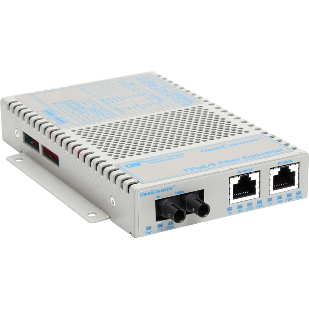 Omnitron OmniConverter FPoE/S - Fiber media converter - 100Mb LAN - 10Base-T, 100Base-FX, 100Base-TX - RJ-45 / ST multi-mode - up to 3.1 miles - 1310 nm MPN:9300-0-29W