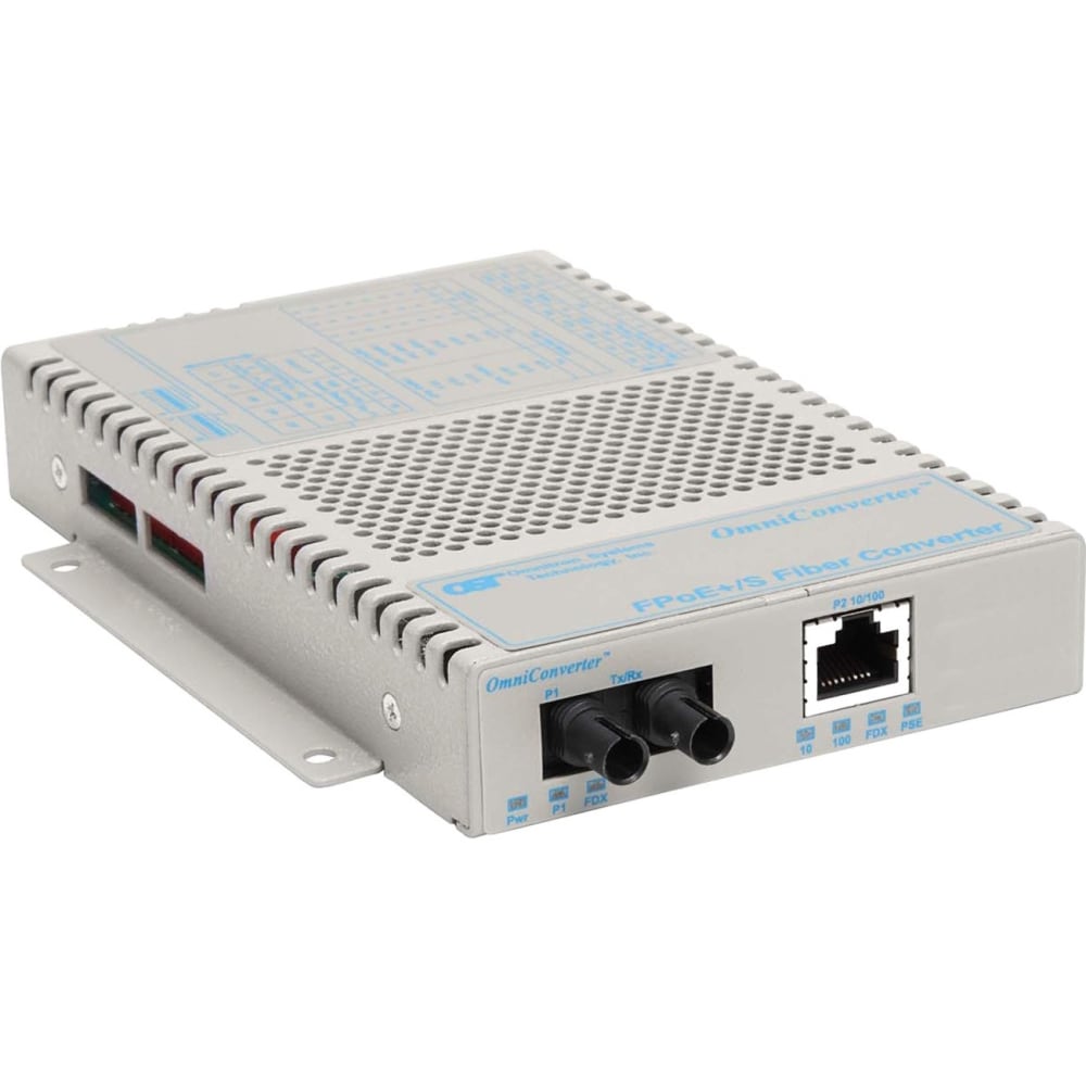 Omnitron OmniConverter FPoE+/S - Fiber media converter - 100Mb LAN - 10Base-T, 100Base-FX, 100Base-TX - RJ-45 / ST multi-mode - up to 3.1 miles - 1310 nm MPN:9320-0-11W