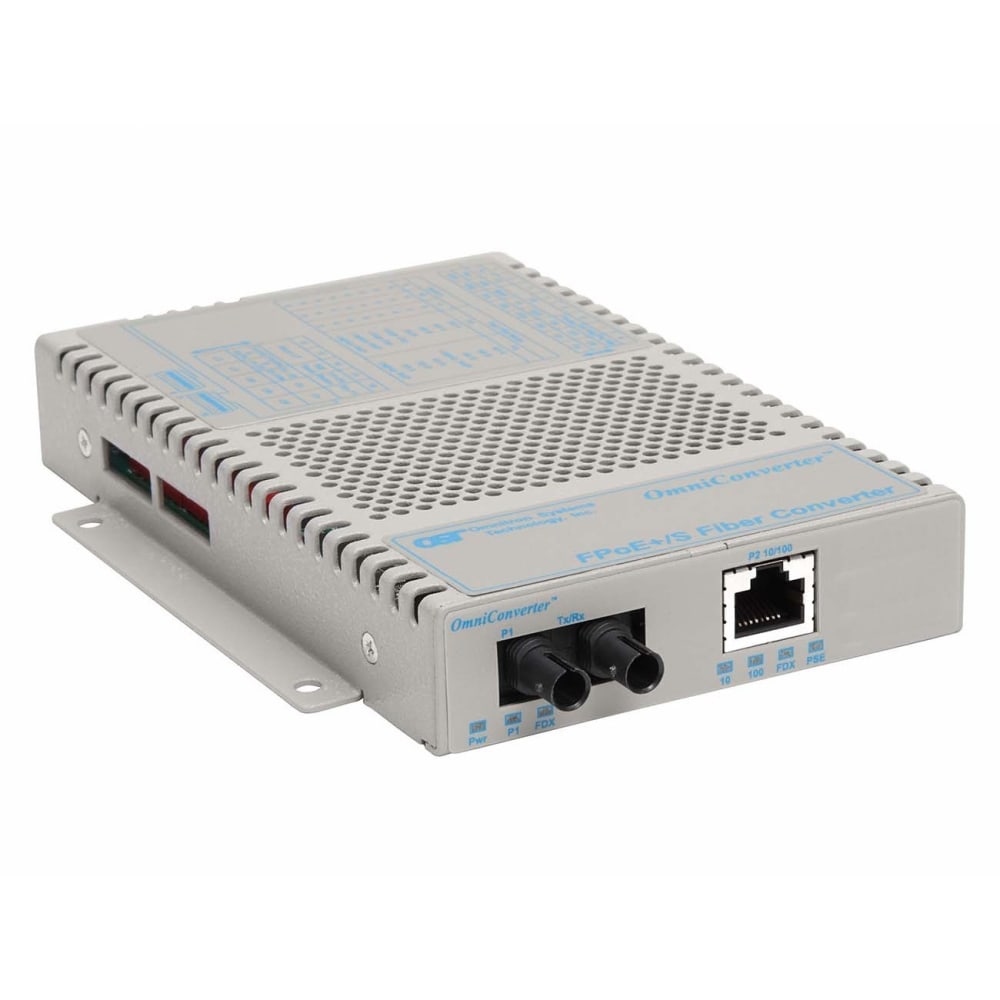 Omnitron OmniConverter 10/100 PoE+ Ethernet Fiber Media Converter Switch RJ45 ST Single-Mode 30km Wide Temp - 1 x 10/100BASE-TX; 1 x 100BASE-LX; DC Powered; Lifetime Warranty MPN:9321-1-19W