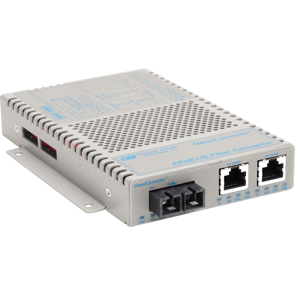 Omnitron OmniConverter 10/100 PoE+ Ethernet Fiber Media Converter Switch RJ45 SC Multimode 5km Wide Temp - 2 x 10/100BASE-TX; 1 x 100BASE-FX; US AC Powered; Lifetime Warranty MPN:9322-0-21W