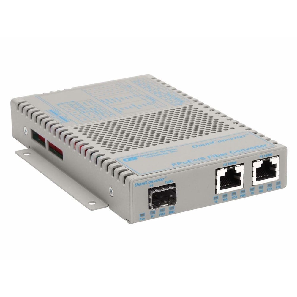 Omnitron OmniConverter 10/100 PoE+ Ethernet Fiber Media Converter Switch RJ45 SFP Wide Temp - 2 x 10/100BASE-T; 1 x 100BASE-X (SFP); US AC Powered; Lifetime Warranty MPN:9339-0-21W