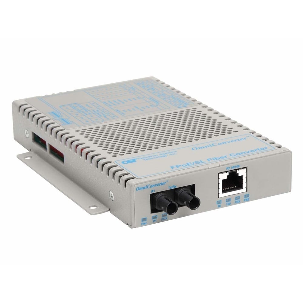 Omnitron OmniConverter SL 10/100 PoE Ethernet Fiber Media Converter Switch RJ45 ST Single-Mode 30km Wide Temp - 1 x 10/100BASE-TX; 1 x 100BASE-LX; US AC Powered; Lifetime Warranty MPN:9341-1-11W