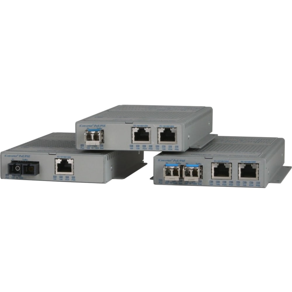 Omnitron Systems Multi-port 10/100 Media Converter with Power over Ethernet (PoE/PoE+) - Network (RJ-45) - 2x PoE (RJ-45) Ports - 1 x SC Ports - 10/100Base-TX, 100Base-FX - 3.11 Mile - Rack-mountable, Rail-mountable, Wall Mountable MPN:9342-0-21W