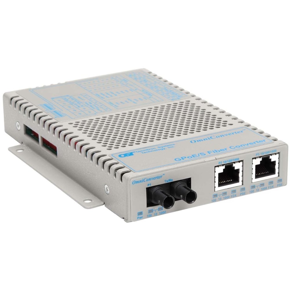 Omnitron OmniConverter GPoE/S - Fiber media converter - GigE - 10Base-T, 100Base-FX, 100Base-TX, 1000Base-T, 1000Base-X - RJ-45 / ST multi-mode - up to 1800 ft - 850 nm MPN:9400-0-21