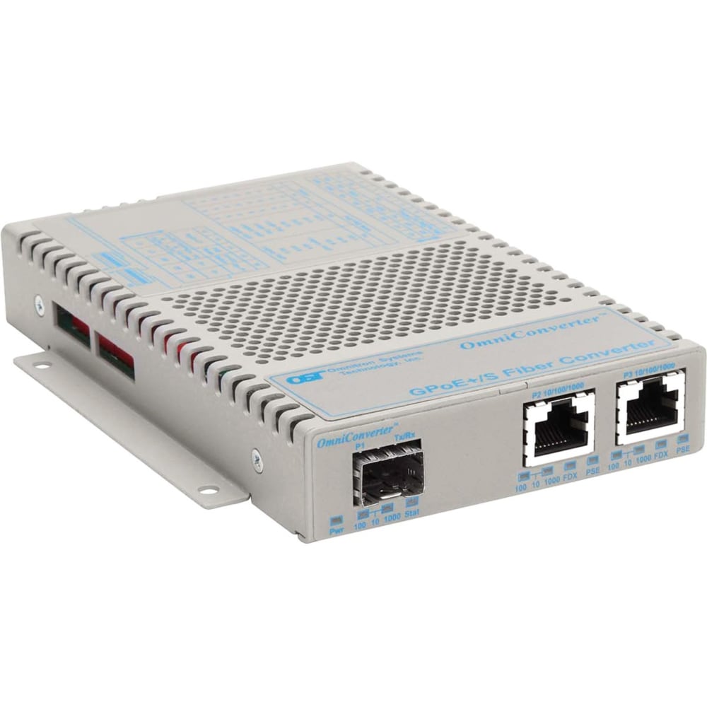 Omnitron OmniConverter 10/100/1000 PoE+ Gigabit Ethernet Fiber Media Converter Switch RJ45 SFP Wide Temp - 2 x 10/100/1000BASE-T; 1 x 100/1000BASE-X (SFP); US AC Powered; Lifetime Warranty MPN:9439-0-21W