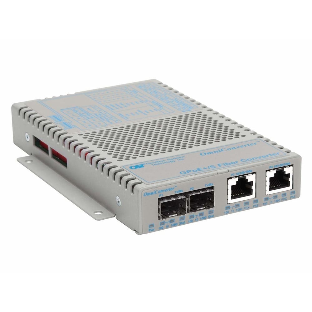 Omnitron OmniConverter 10/100/1000 PoE+ Gigabit Ethernet Fiber Media Converter Switch RJ45 SFP Wide Temp - 2 x 10/100/1000BASE-T; 2 x 100/1000BASE-X (SFP); US AC Powered; Lifetime Warranty MPN:9439-1-21W