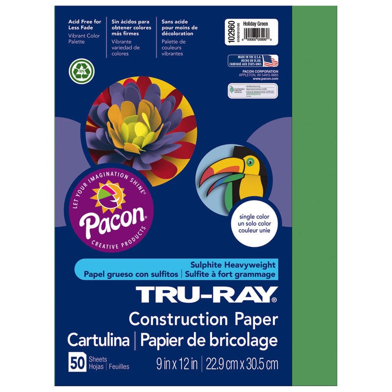 Tru-Ray Construction Paper, 50% Recycled, 9in x 12in, Holiday Green, Pack Of 50 (Min Order Qty 10) MPN:102960