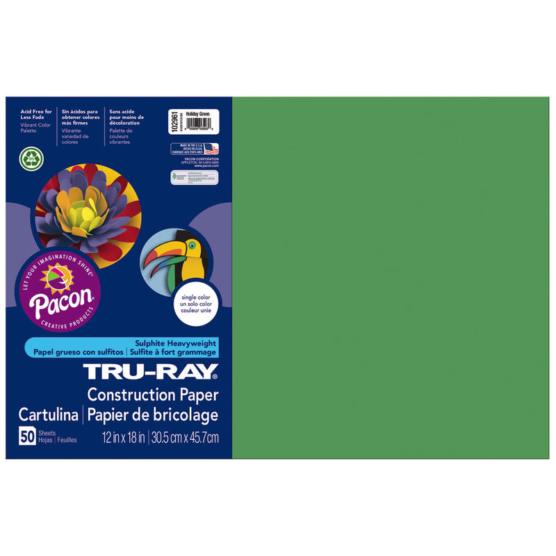 Tru-Ray Construction Paper, 50% Recycled, 12in x 18in, Holiday Green, Pack Of 50 (Min Order Qty 6) MPN:102961