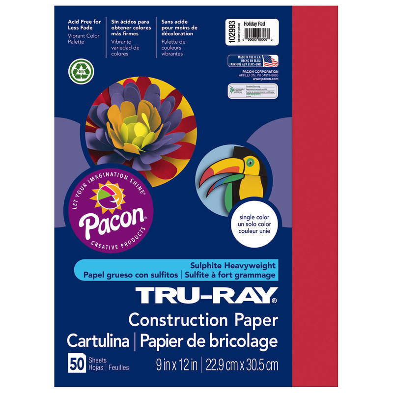 Tru-Ray Construction Paper, 50% Recycled, 9in x 12in, Holiday Red, Pack Of 50 (Min Order Qty 10) MPN:102993